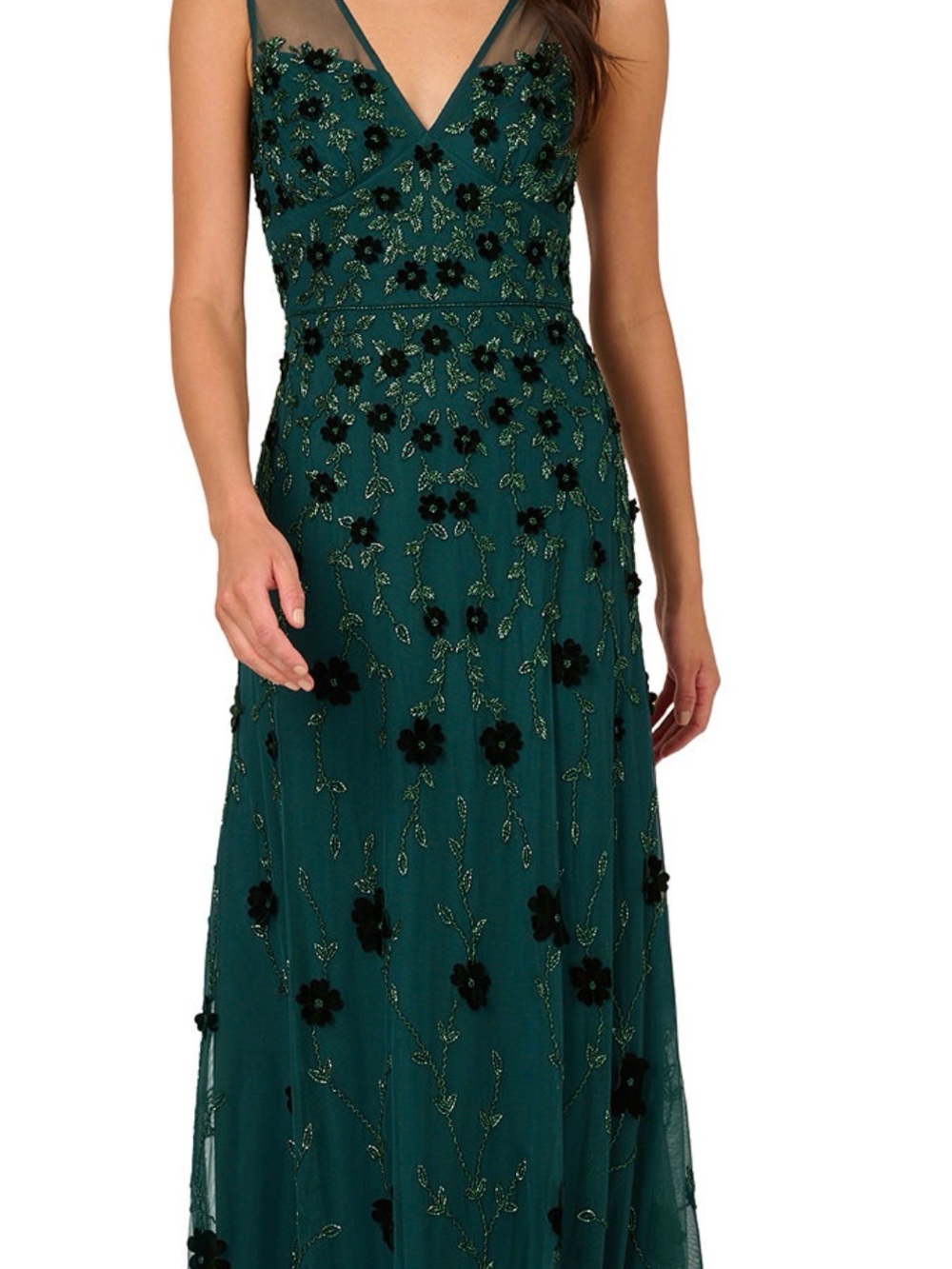 Adrianna Papell Teal Maxi Dress with Black Floral Appliqués